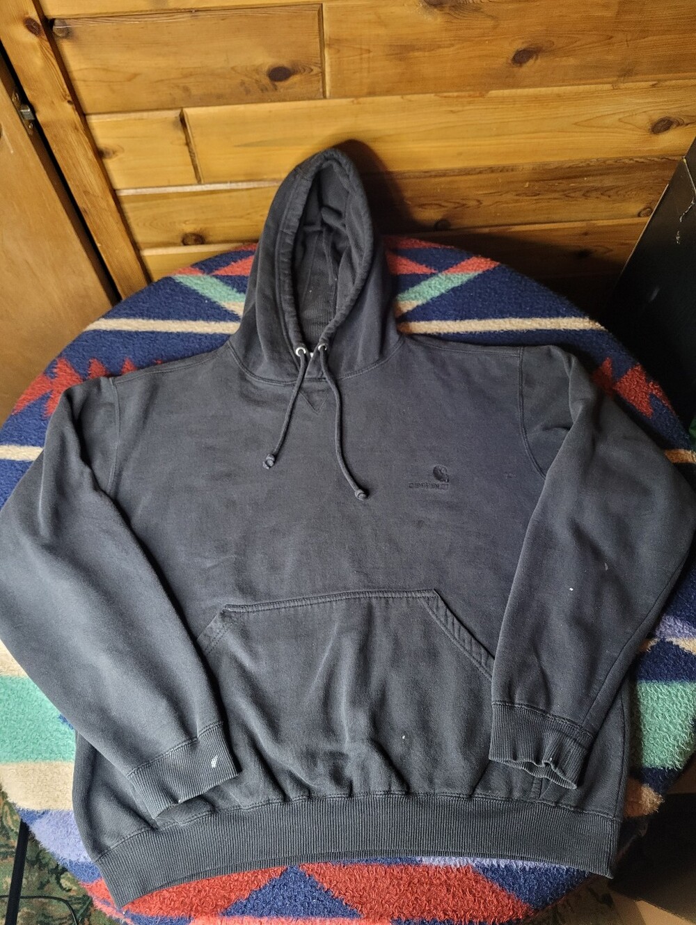 Carhartt Black Hooded Sweatshirt Mens 2XL Embroidered Logo Drawstring Distressed
